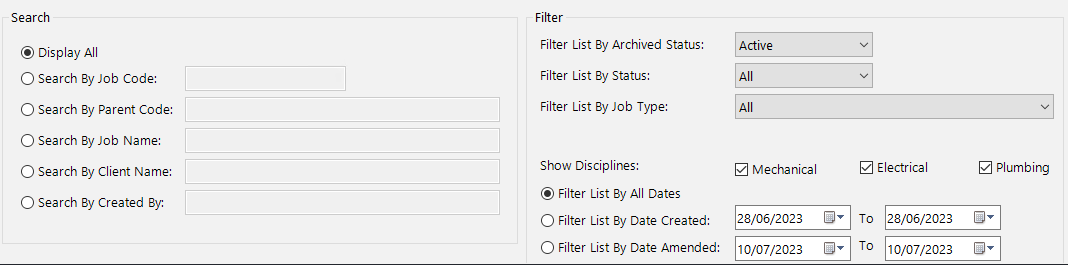 The search and filter panel at the bottom of the amend job screen