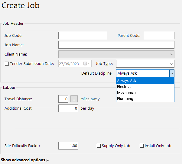The Create Job screen showing the Default Discipline drop-down with options: Always Ask, Electrical, Mechanical, and Plumbing
