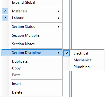 The right-click context menu showing Section Discipline with Electrical, Mechanical, and Plumbing options
