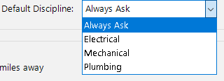The Default Discipline drop-down expanded showing Always Ask, Electrical, Mechanical, and Plumbing