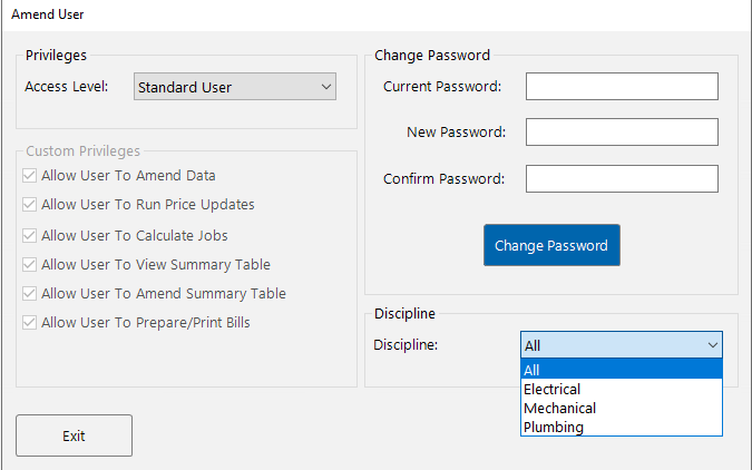 The Amend User screen showing the Discipline drop-down with options for All, Electrical, Mechanical, and Plumbing