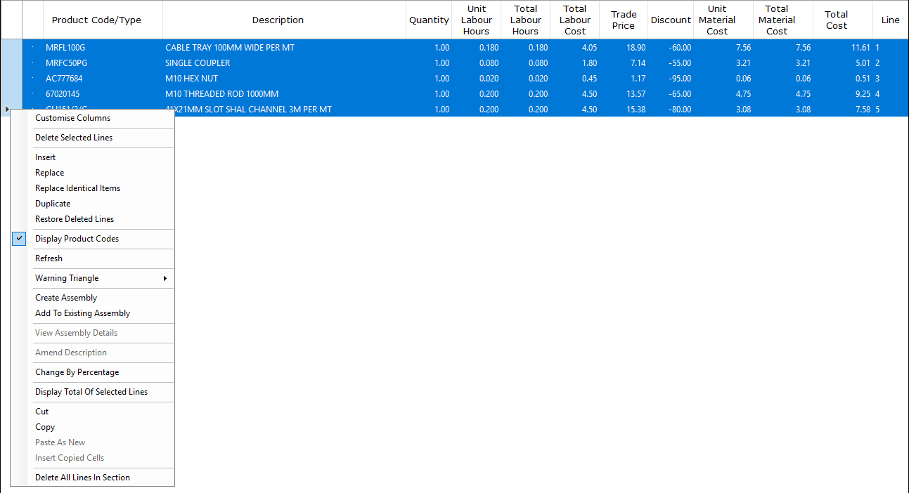 Right-click context menu showing the Create Assembly option alongside other options such as Delete Selected Lines, Insert, and Add To Existing Assembly