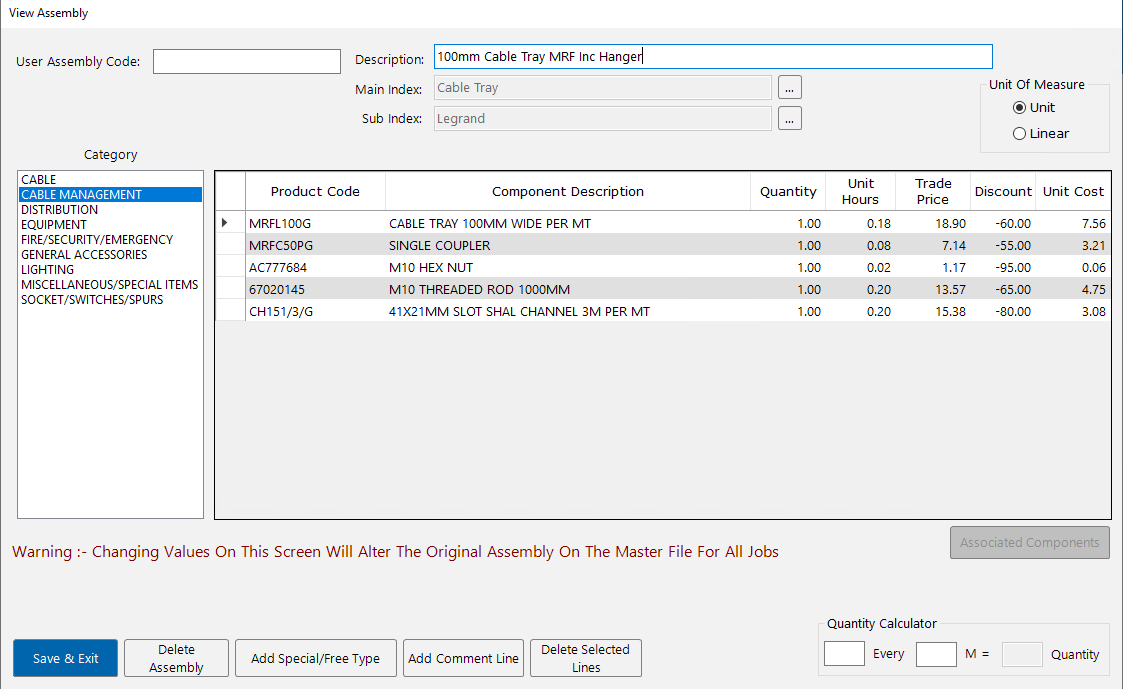 The assembly builder screen showing category list, main index, sub index, description field, component grid with product codes and quantities, and unit of measure options