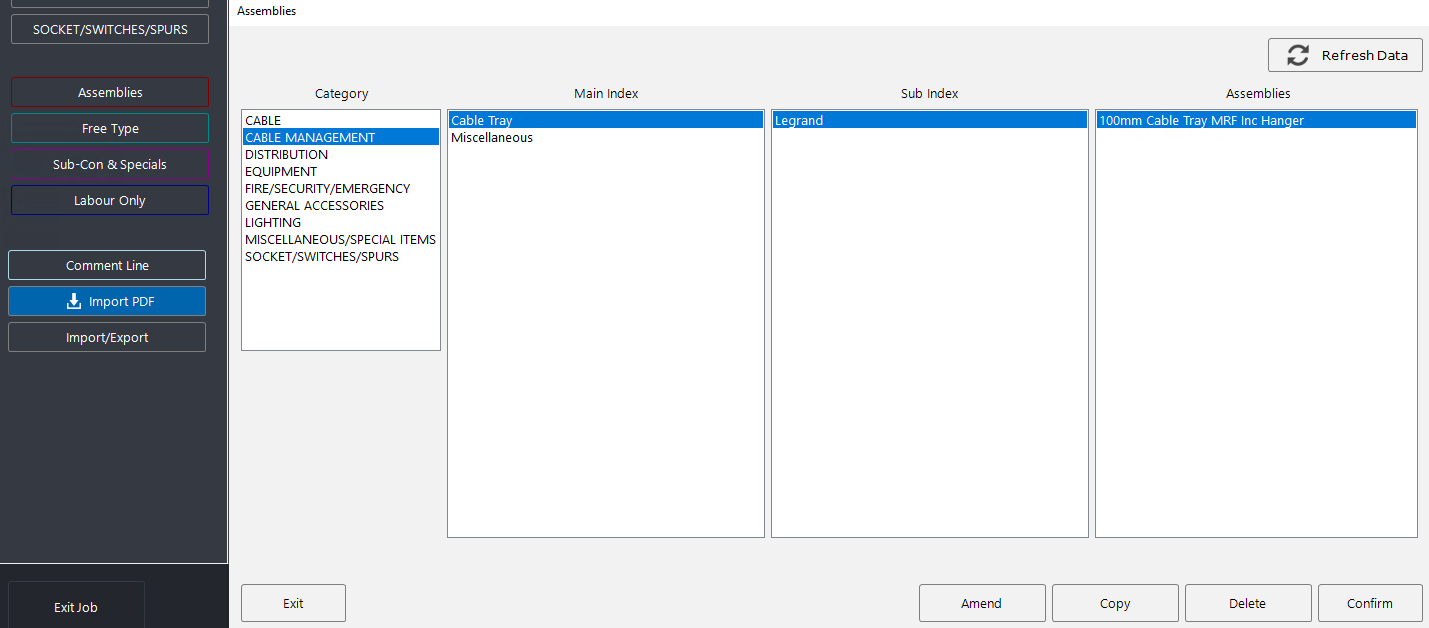 The assemblies browser showing the newly created assembly listed under Cable Management, with the category, main index, sub index, and description columns visible, alongside the Amend, Copy, Delete, and Confirm buttons