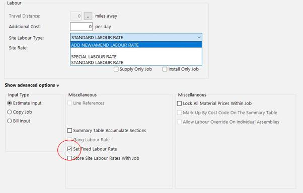Job header showing labour settings with Set Fixed Labour Rate and the Site Labour Type dropdown