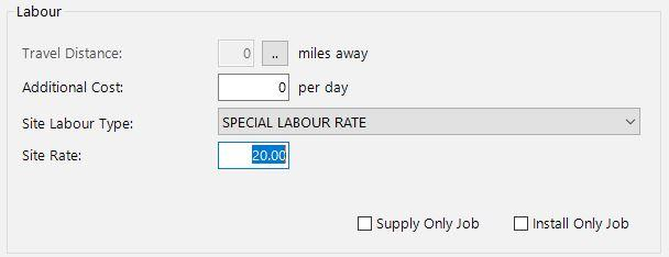 Labour section with Special Labour Rate selected and a custom site rate entered