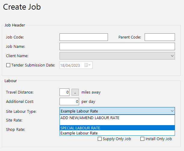 Job header showing the Site Labour Type dropdown with Add New/Amend option