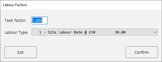 Labour Factors popup with Labour Type dropdown