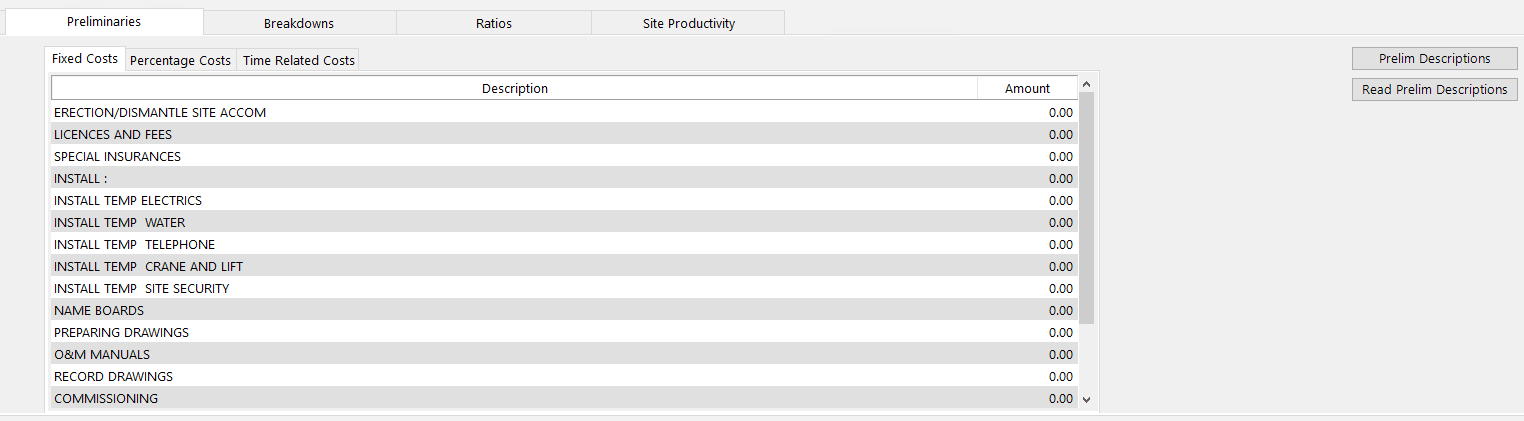The Preliminaries tab on the summary table showing the Fixed Costs, Percentage Costs, and Time Related Costs sub-tabs, with the Prelim Descriptions and Read Prelim Descriptions buttons on the right.