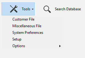 The Tools dropdown menu showing Customer File, Miscellaneous File, System Preferences, Setup, and Options.