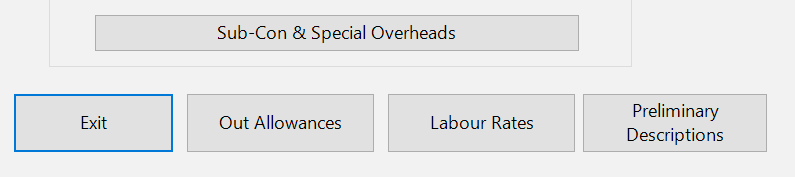 The Miscellaneous File screen showing the Preliminary Descriptions button alongside Exit, Out Allowances, and Labour Rates buttons.
