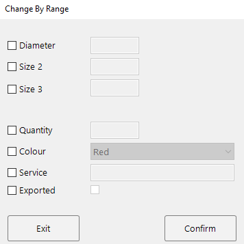 The Change By Range dialog showing available fields such as Diameter, Quantity, Colour, and Service