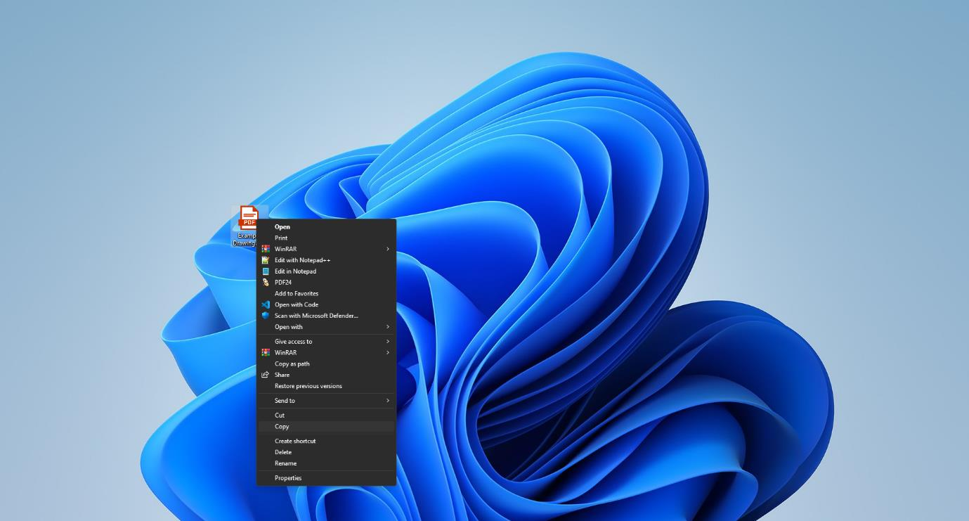 Right-clicking a PDF drawing on the local desktop to copy it