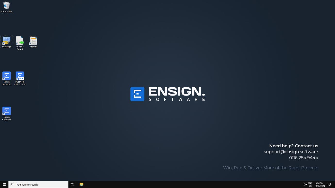The Ensign cloud desktop environment showing shortcut icons for Drawings, Imports, Reports, and the Ensign applications