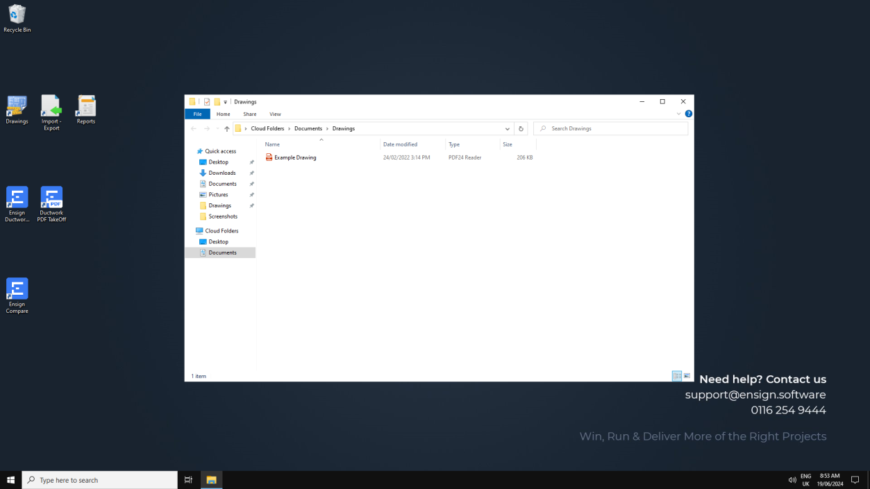 The cloud Drawings folder open in File Explorer showing an uploaded example drawing