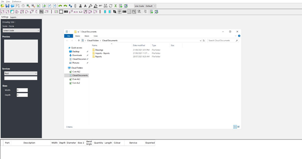 Ensign X with the cloud storage folder open, showing the Drawings, Imports-Reports, and Reports folders alongside the Cloud Folders navigation tree