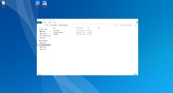 File Explorer open on the local machine showing the Cloud Documents folder containing Drawings, Imports-Reports, and Reports