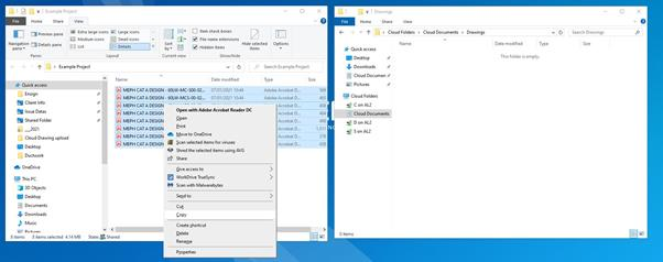 Two File Explorer windows side by side, copying PDF drawings from a local folder into the cloud Drawings folder