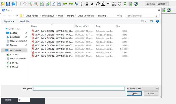 The Open dialog in Ensign X, browsing the cloud Drawings folder with a list of uploaded PDF files ready to select
