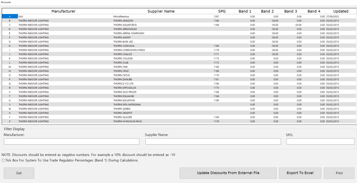 The full discount band table with manufacturers, supplier names, and band columns