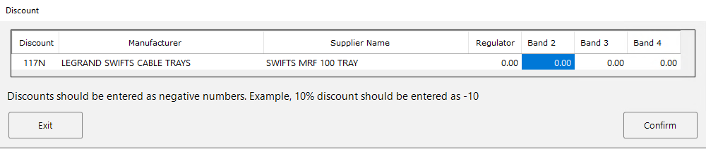 The Change Discount pop-up showing the item's discount range with Band 2 highlighted