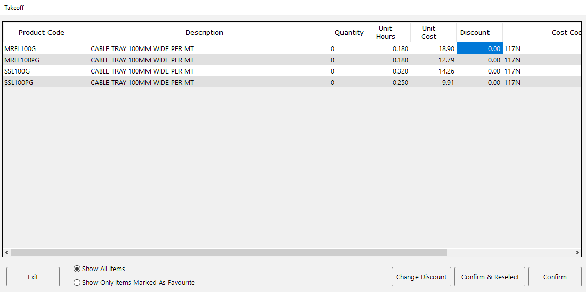 The takeoff input screen showing items with discount columns