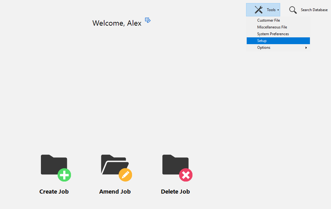 The Tools menu in MEP Estimating showing the Options submenu with Setup