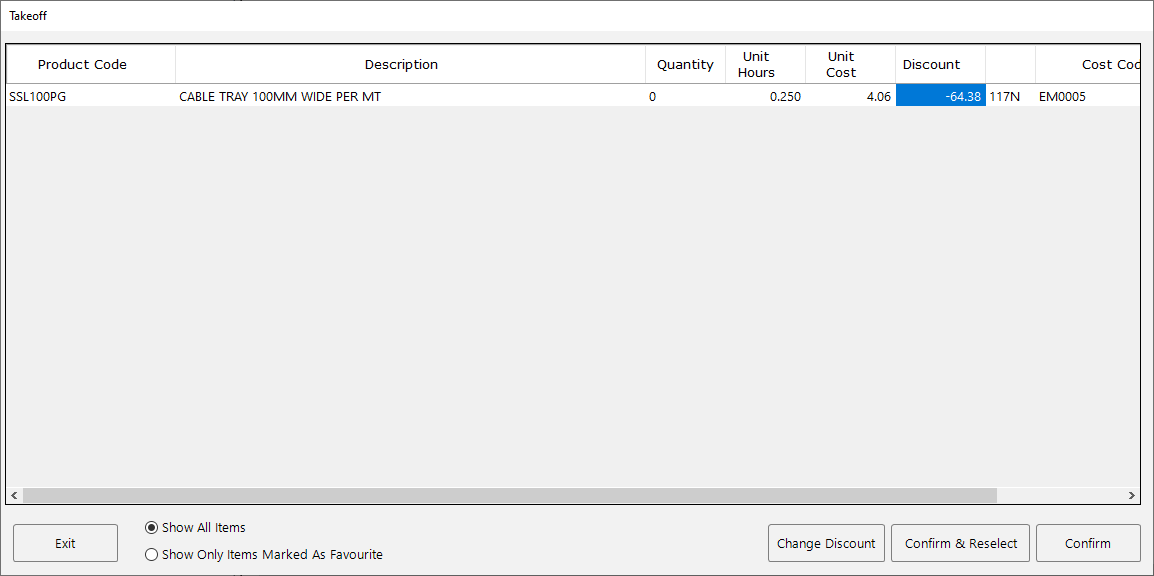 The takeoff input screen in MEP Estimating showing an item with its discount