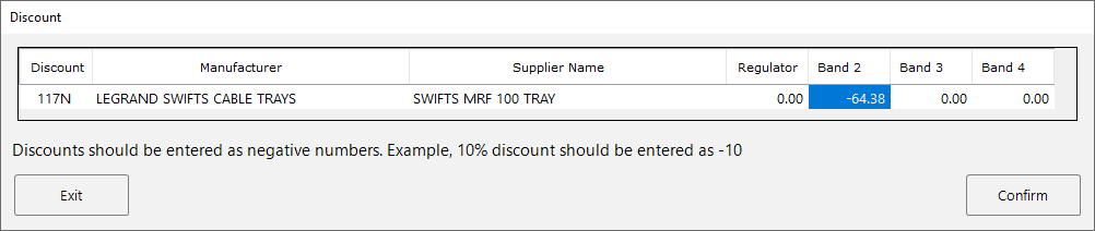 The Change Discount pop-up in MEP Estimating showing band values