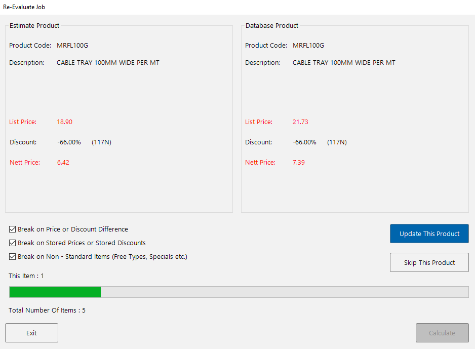The Re-Evaluate Job screen showing the Estimate Product on the left and Database Product on the right, with Update This Product and Skip This Product buttons