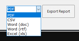 The file format dropdown expanded showing PDF, CSV, Word (doc), Word (rtf), and Excel (xls) options