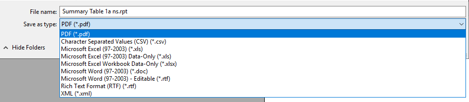 The Save Report window showing the Save as type dropdown expanded with all available file formats including PDF, CSV, Excel, Word, RTF, and XML