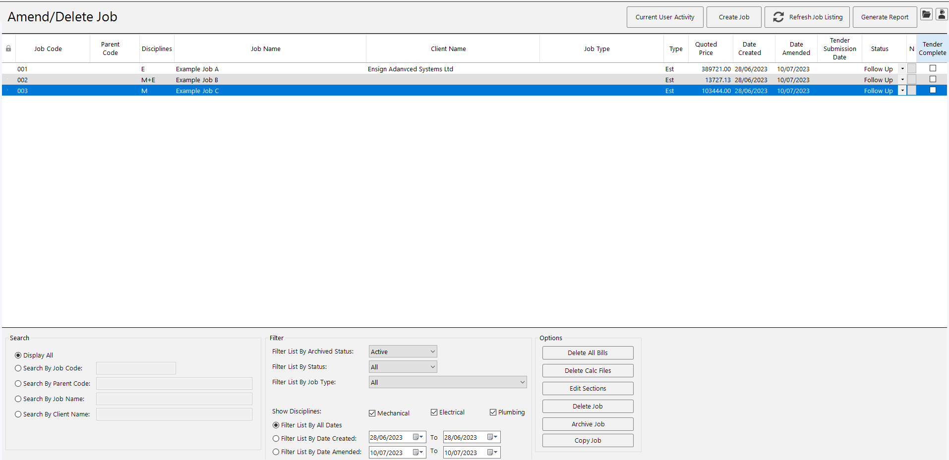 The amend job screen showing the job list, toolbar buttons, and search, filter, and options panels