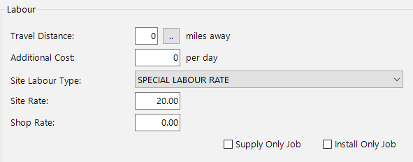 Labour section with Special Labour Rate selected and Site Rate field showing 20.00
