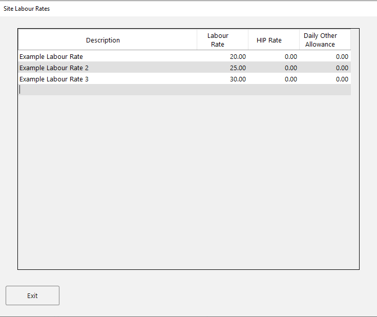 Site Labour Rates popup with three job-specific rates
