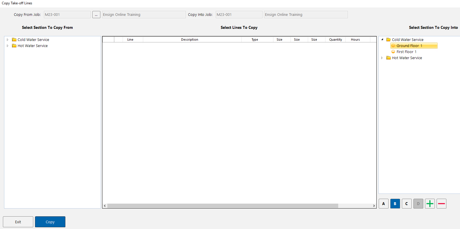 The Copy Take-off Lines window showing sections in the current job
