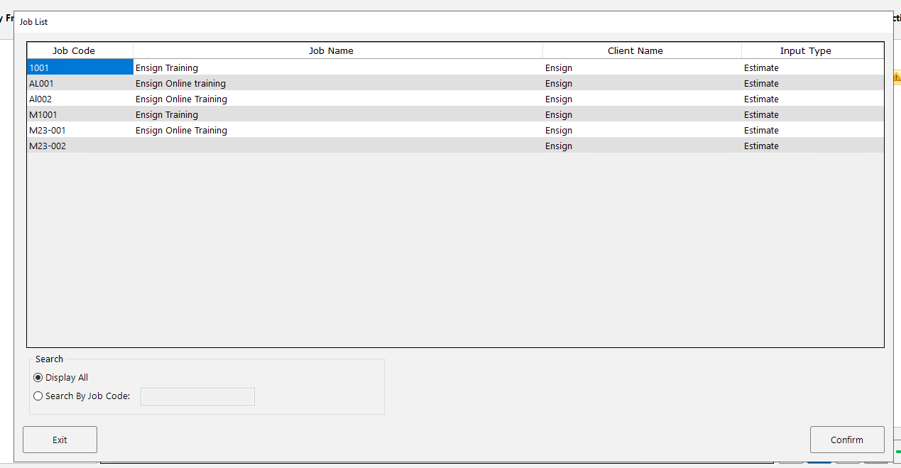 The Job List window for selecting a source job