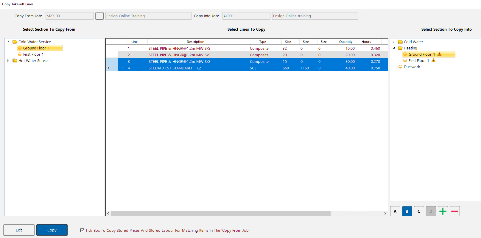 Selecting takeoff lines to copy and choosing a destination section