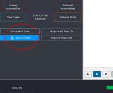 The Takeoff page in the Estimating software with the Import PDF button circled