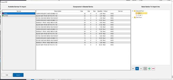 The Import PDF dialog showing services and the section selector