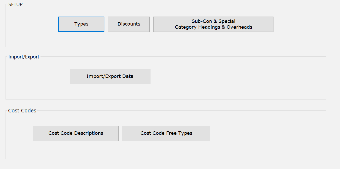The Setup page showing the Types, Discounts, and Sub-Con and Special buttons