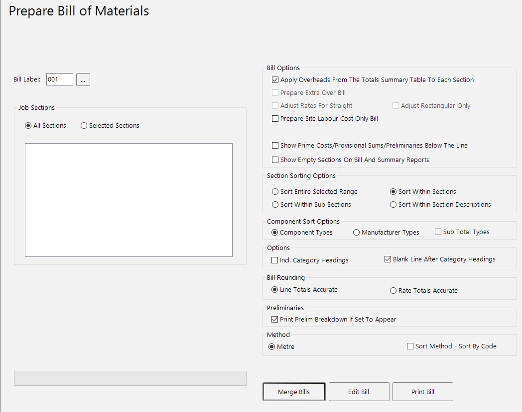 The Prepare Bill of Materials page with the Merge Bills button visible at the bottom.
