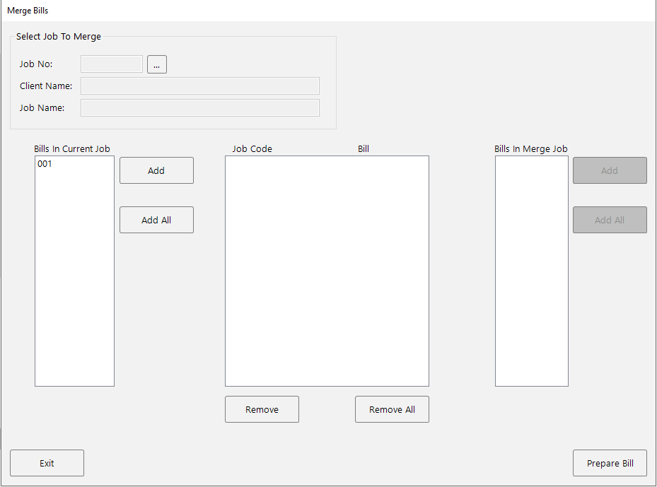 The Merge Bills screen showing the current job's bill listed on the left-hand side.
