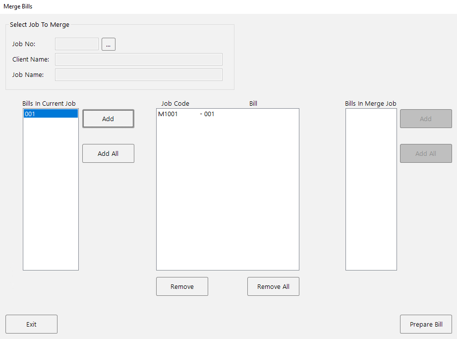 The Merge Bills screen after adding the current bill — the bill label now appears in the centre grid.