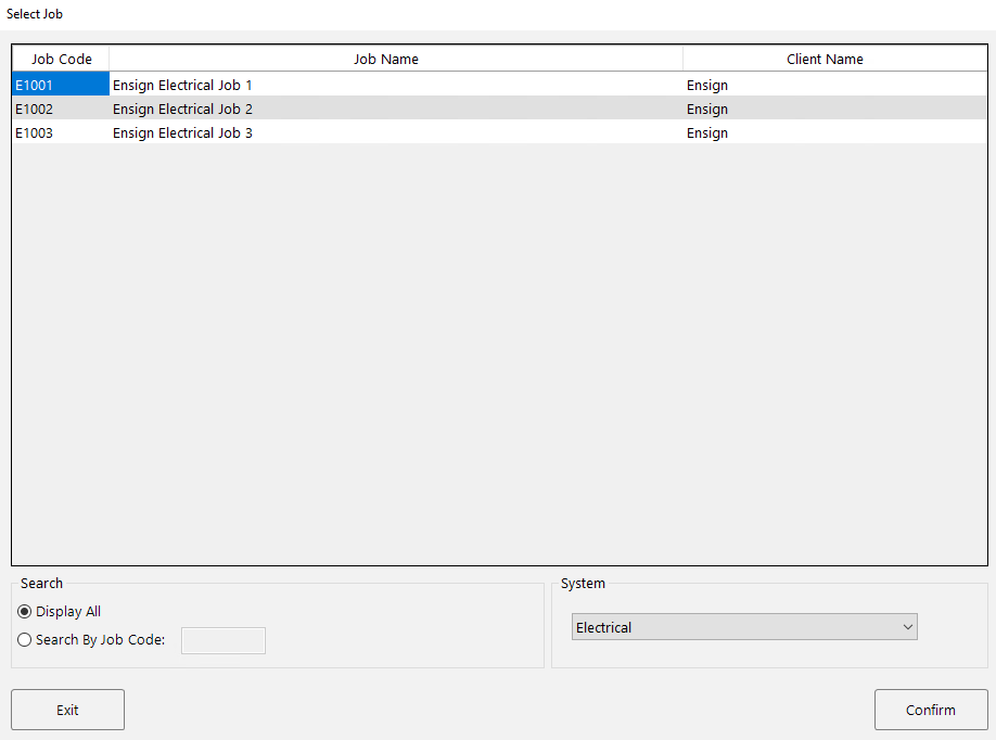 The Select Job window showing a list of electrical jobs with the System filter set to Electrical.