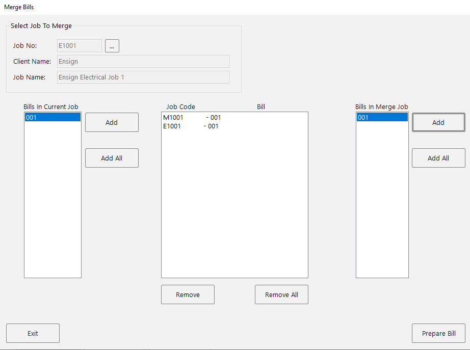 The Merge Bills screen with both bills added to the centre grid, ready to prepare.